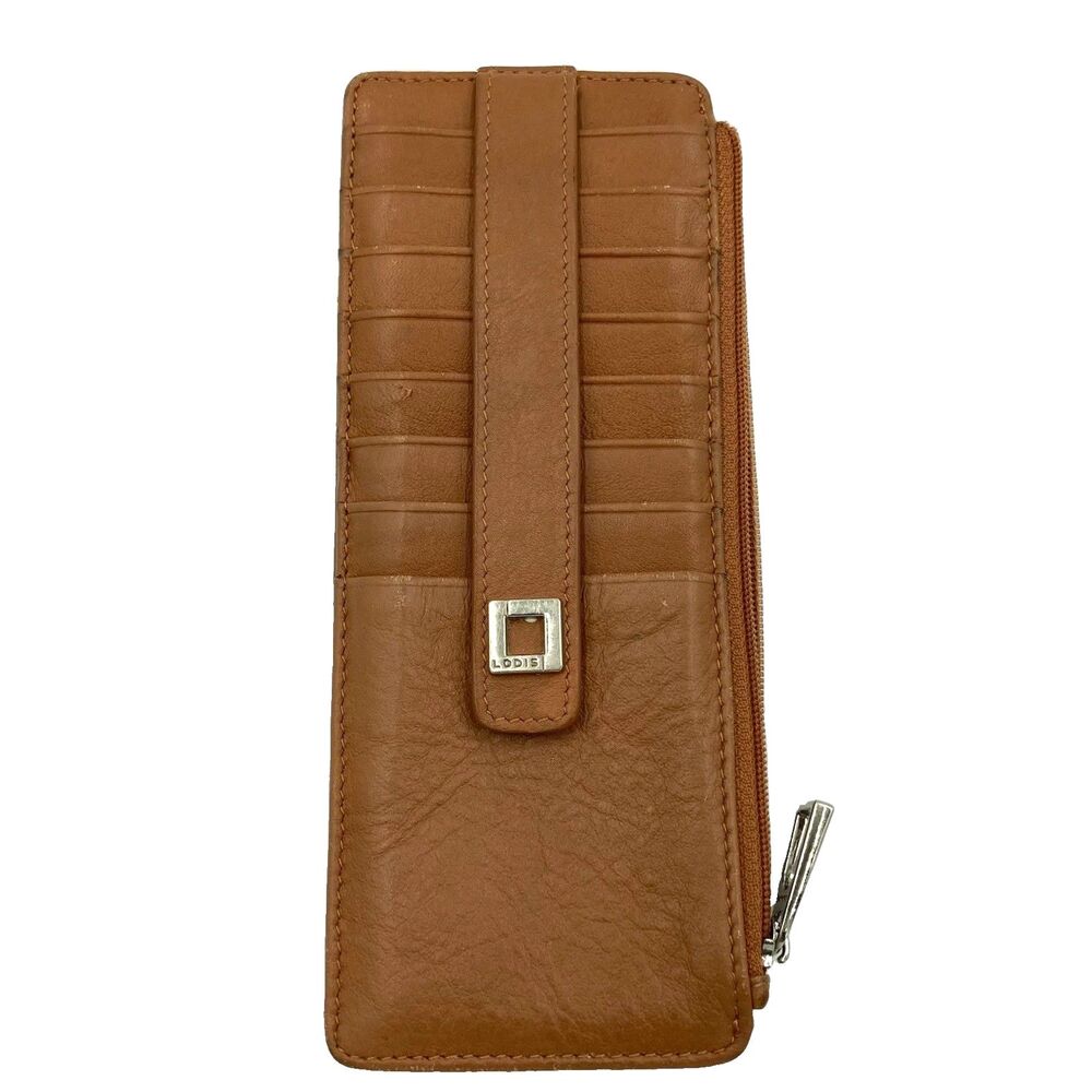 Lodis Cognac Brown Leather Slim 8 Slot Card Wallet Zip Coin ID Holder 7.5"